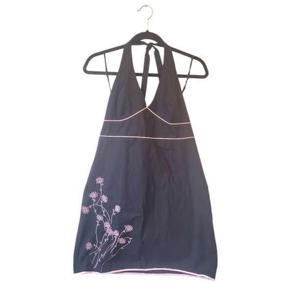 Vintage Y2K Xhilaration Women's Black Floral Embroidered Halter Dress Size 13 - Picture 1 of 5